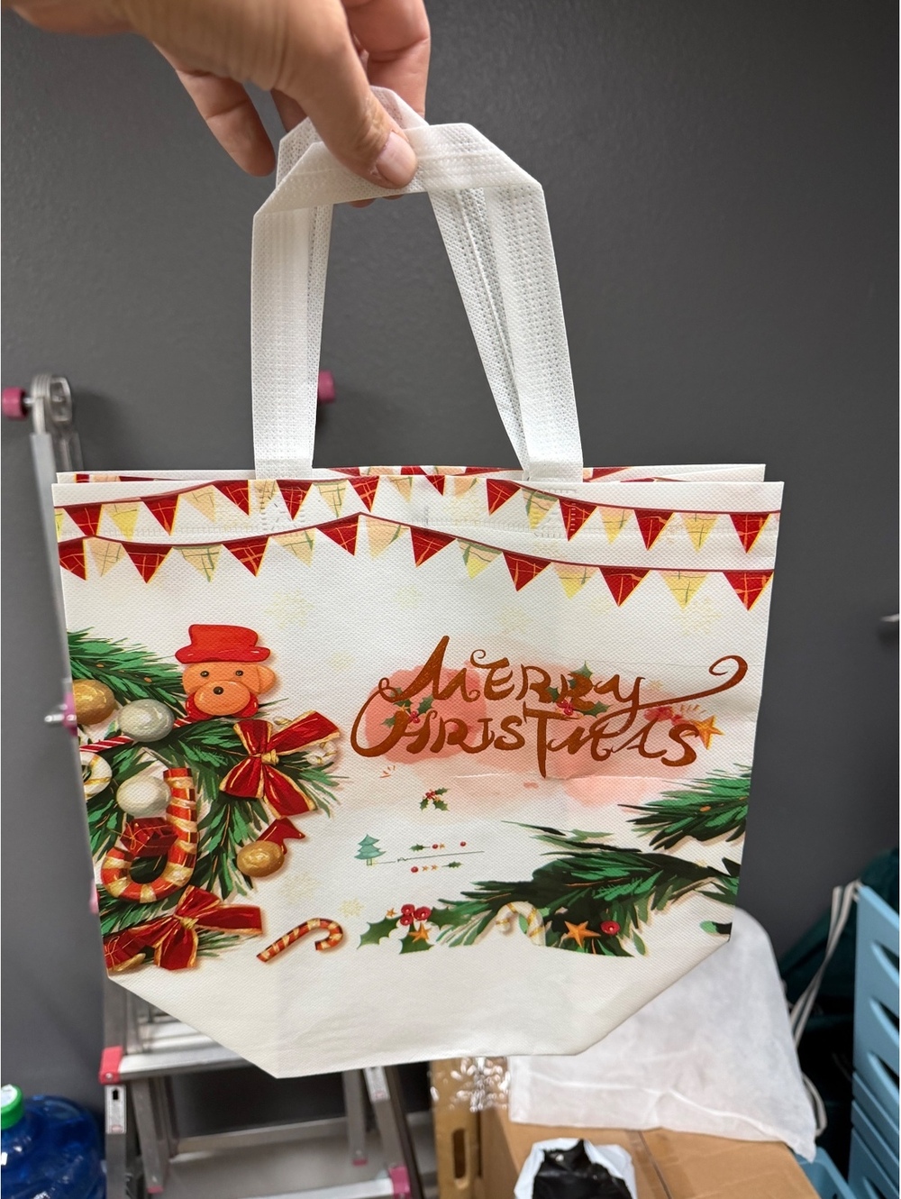 10 Reusable Christmas Gift Bags, White, Durable, Handles, 12"W x  10"H x 7"D